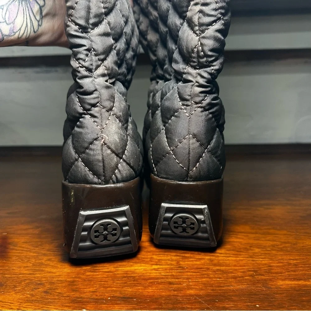 Tory Burch Gigi Quilted Nylon Wedge Boots Size 6.5 Brown